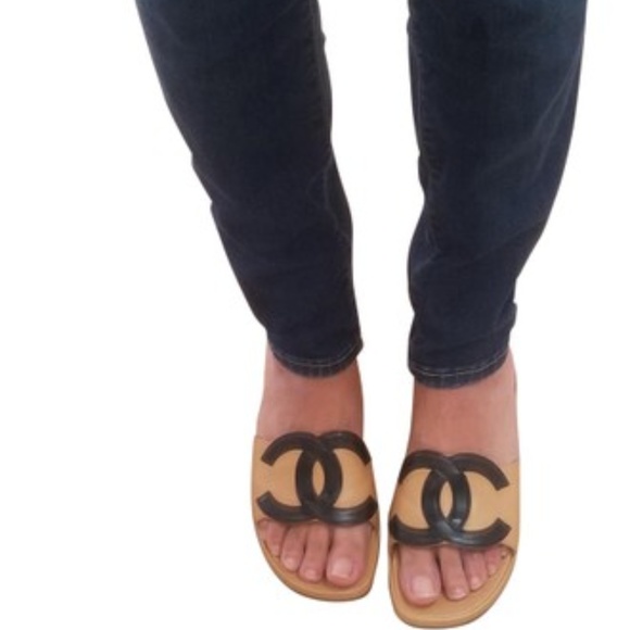 CHANEL Shoes - Chanel Brown Tan  Black  Rare SANDALS Slip ons 6.5